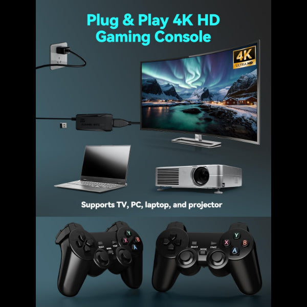 ForKumi retro game console with built-in games showing two black controllers connected to TV laptop and projector