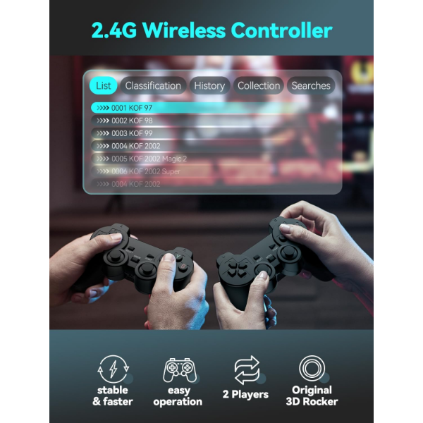 Retro game console with built-in games showing 2.4G wireless controllers for 2 players with easy operation