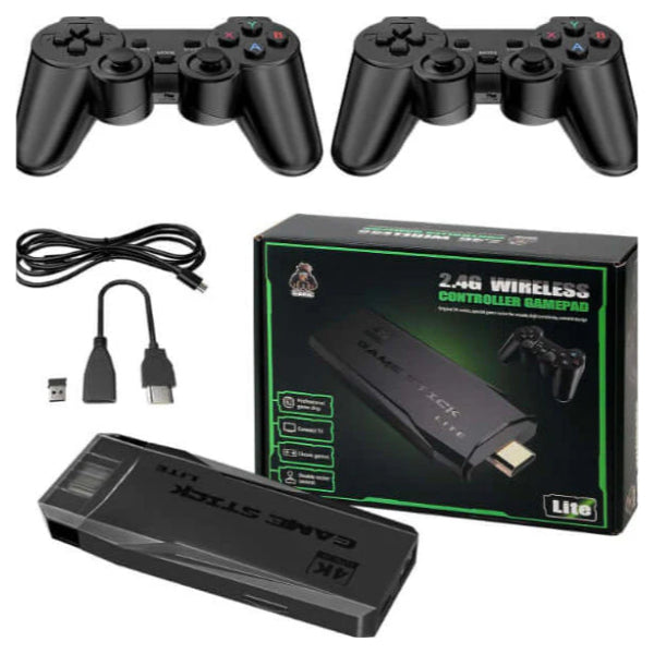 ForKumi retro game console with built-in games including two wireless controllers and USB adapters
