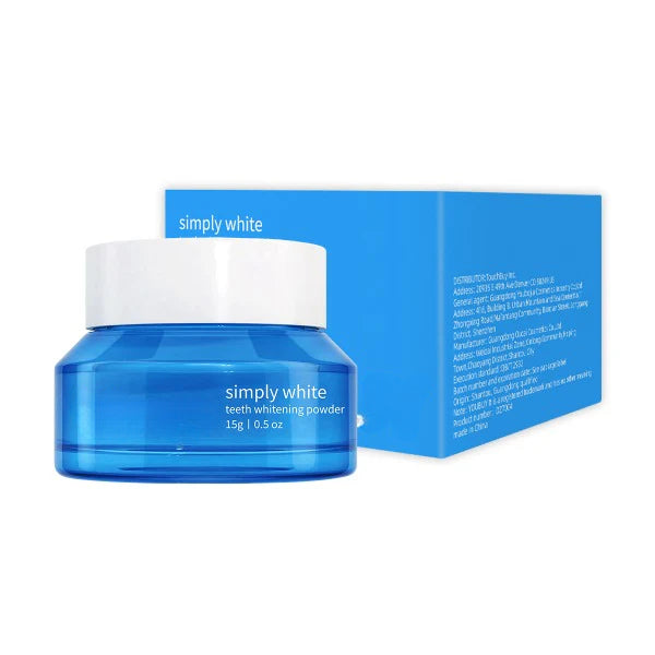 ForKumi enamel safe teeth whitener Simply White teeth whitening powder in blue jar with white lid and blue box