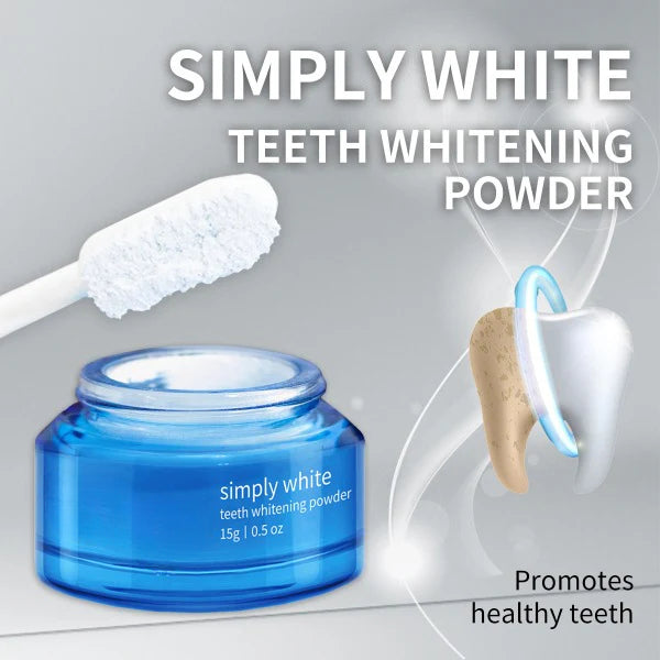 ForKumi enamel safe teeth whitener showing smiling woman with white teeth and blue whitening powder container