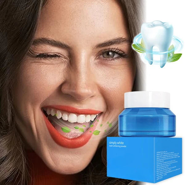 ForKumi enamel safe teeth whitener showing smiling woman with white teeth and blue whitening powder container