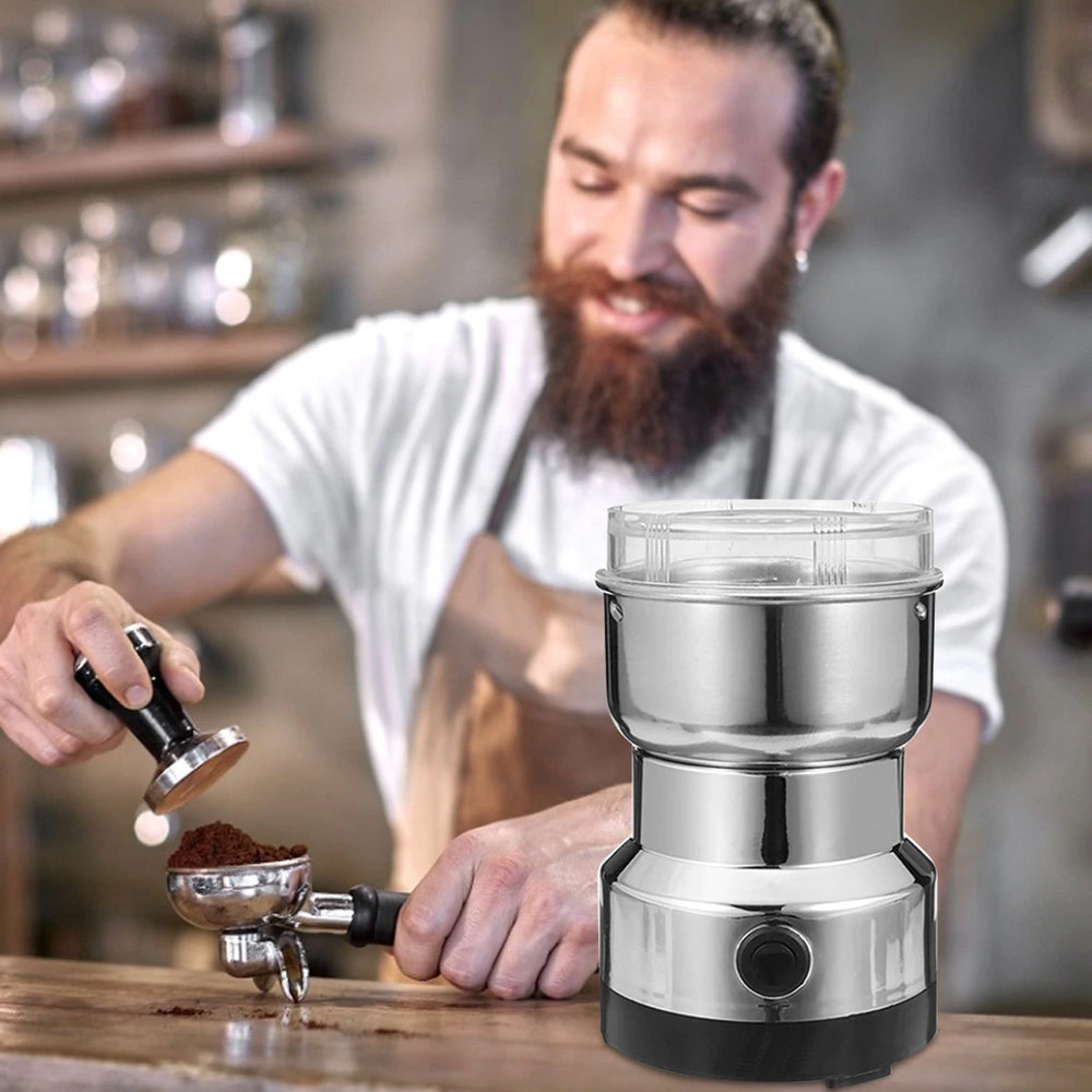 ForKumi small electric grinder for home with stainless steel body on wooden kitchen counter