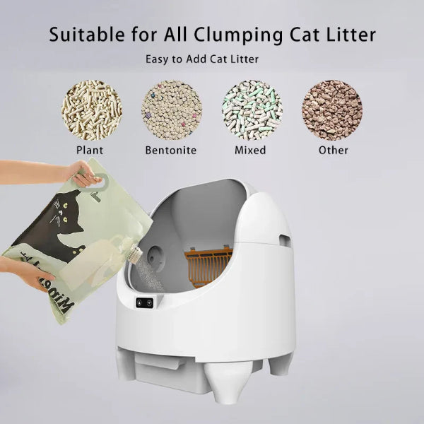 ForKumi smart self-cleaning litter box suitable for all clumping cat litter types including plant, bentonite, mixed, and other