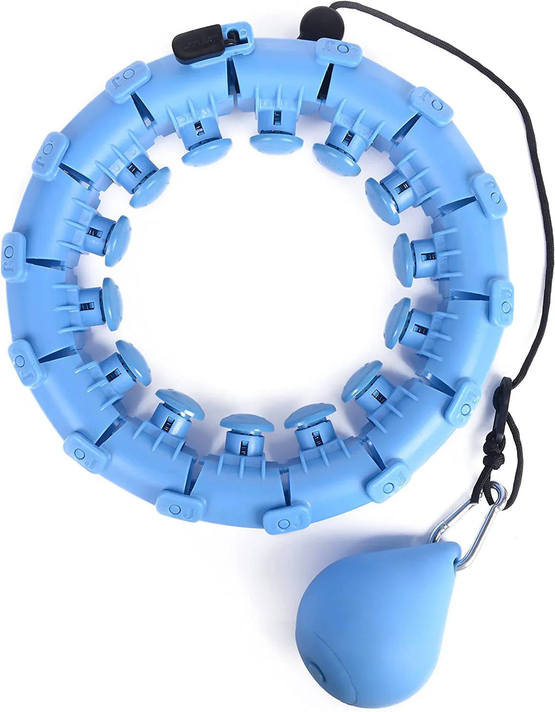 ForKumi smart weighted fitness hoop in blue with adjustable segments shown with woman exercising