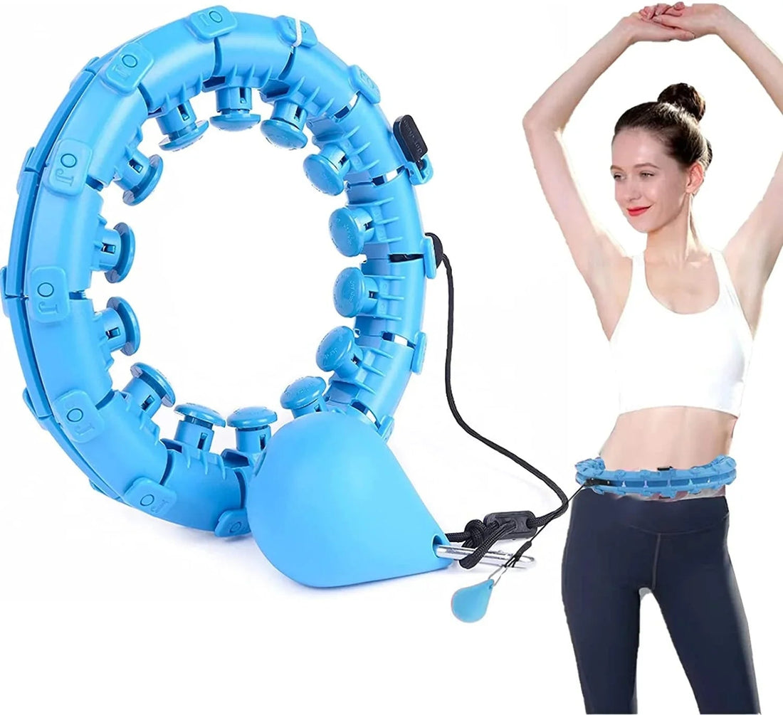 ForKumi smart weighted fitness hoop in blue with adjustable segments shown with woman exercising