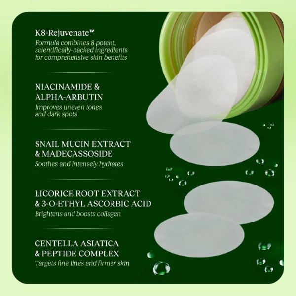 ForKumi snail essence facial pads with hydrating and skin-brightening ingredients for fine lines and dark spots