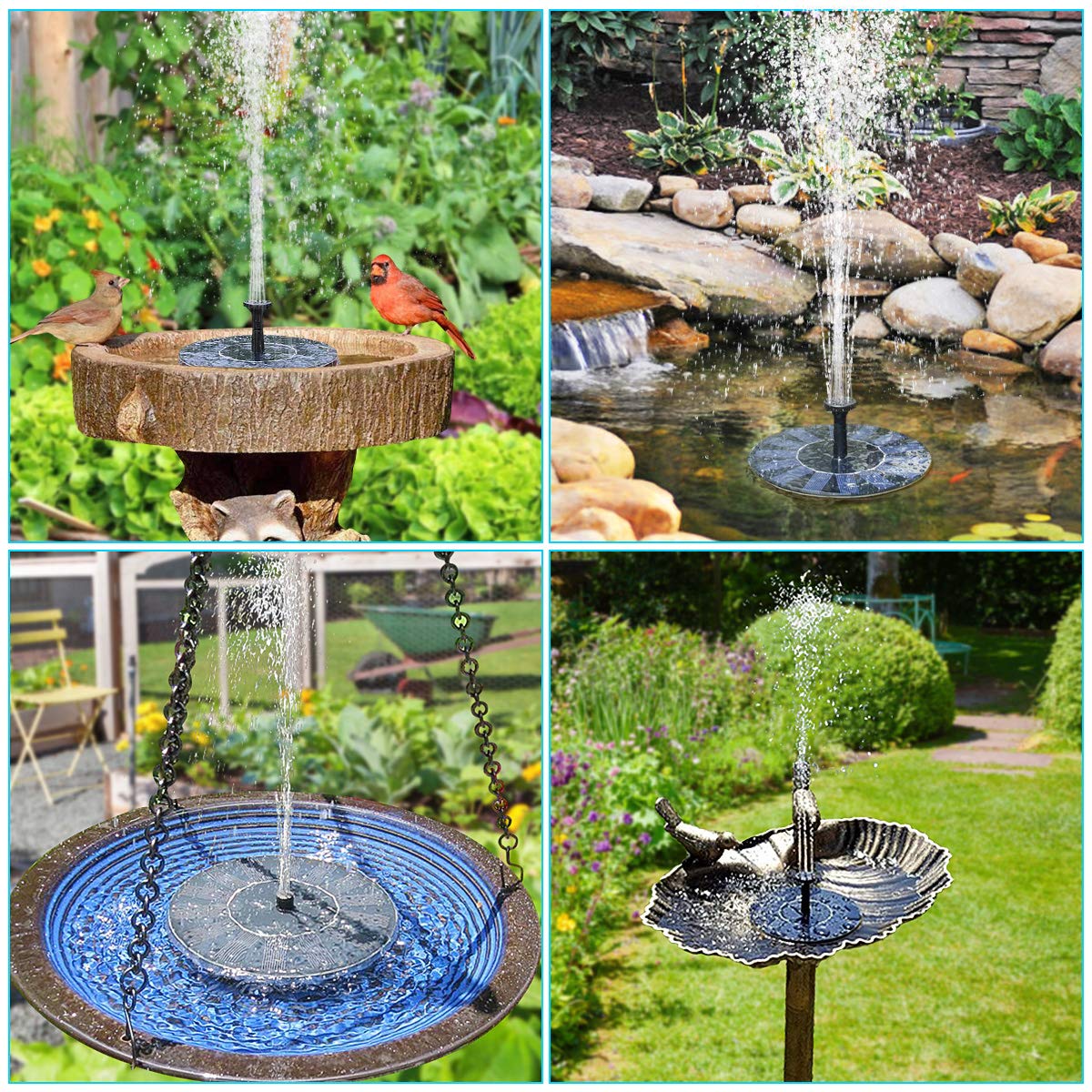 ForKumi solar fountain outdoor garden set showing water fountains in birdbaths and pond settings