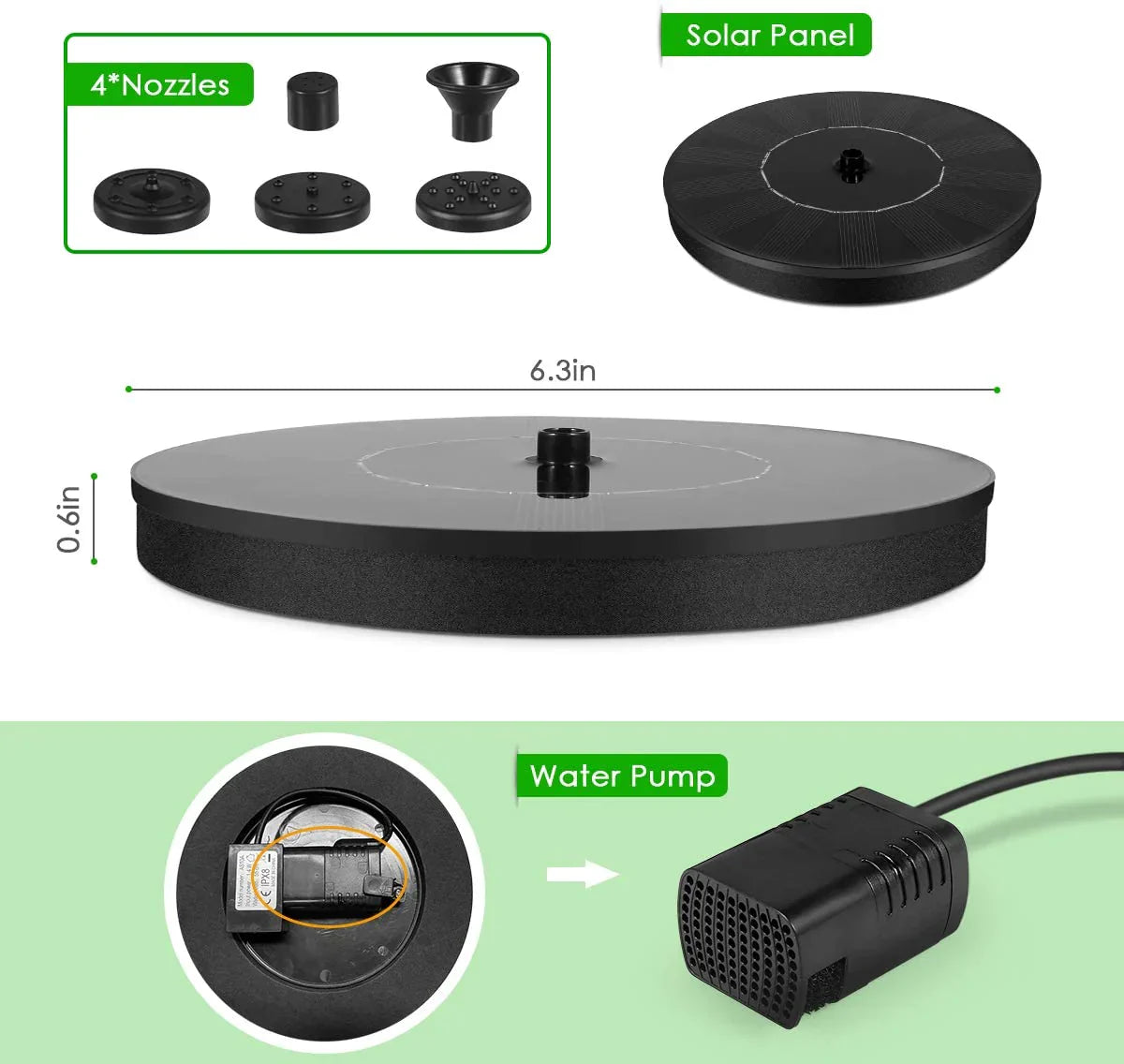 ForKumi solar fountain outdoor garden kit with solar panel, water pump, and four nozzle attachments