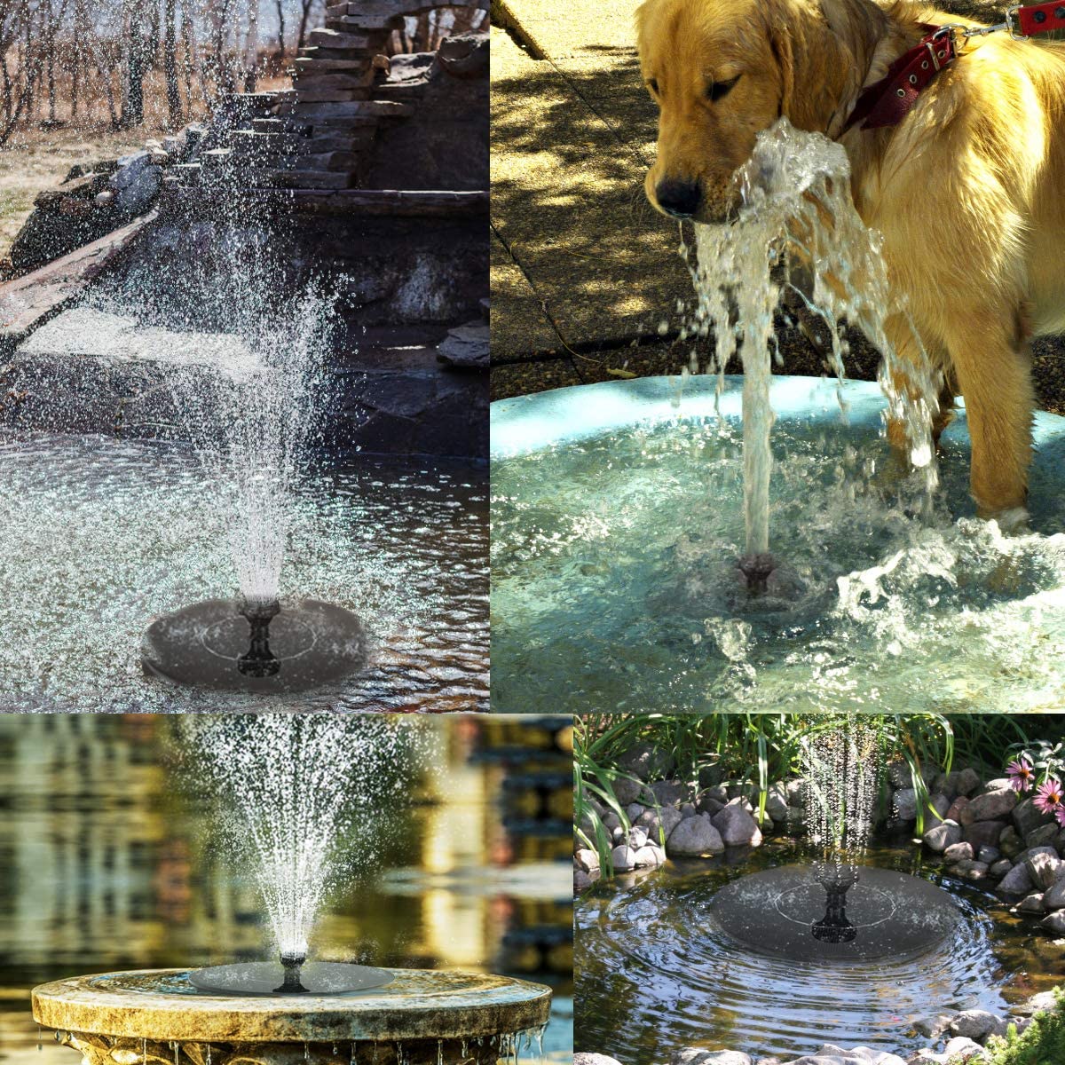 ForKumi solar fountain outdoor garden showing water sprays in various garden and pond settings