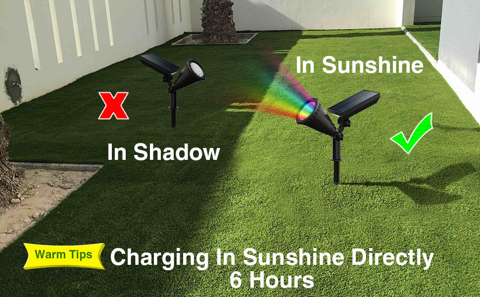 ForKumi solar powered landscape lighting showing correct placement in sunshine with colorful light projection