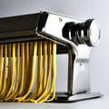 ForKumi stainless steel pasta maker with fresh pasta noodles being rolled out