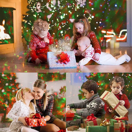 Children and family enjoying Christmas gifts with colorful star projector night light effects from ForKumi