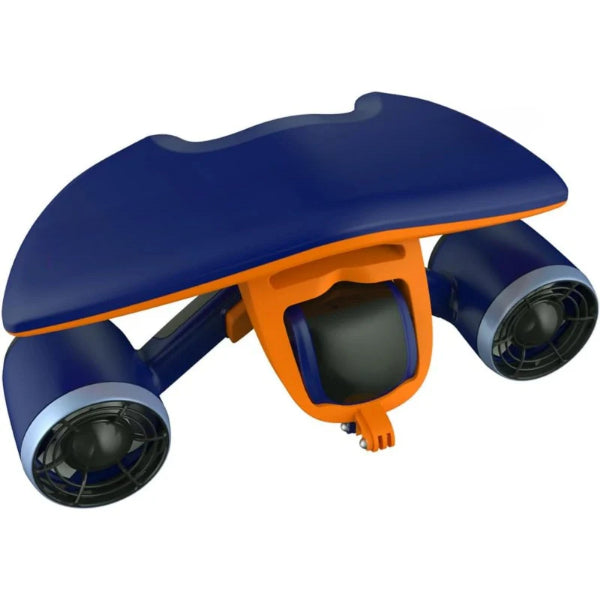Blue and orange underwater scooter for adults with dual propellers and ergonomic design
