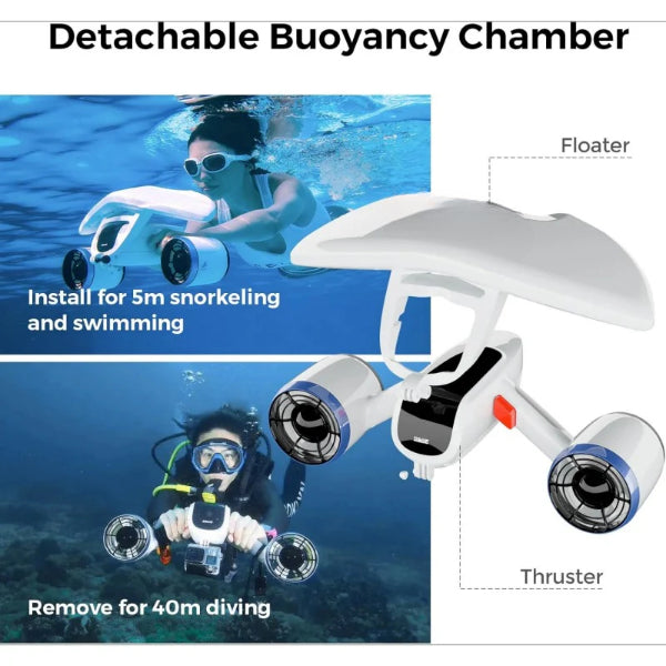 Underwater scooter for adults with detachable buoyancy chamber for snorkeling and diving