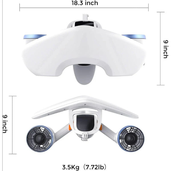 White underwater scooter for adults with dual propellers and compact 18.3 inch design