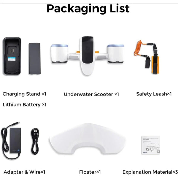 Underwater scooter for adults package with charging stand, lithium battery, safety leash, adapter, floater, and instructions