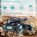 Black and turquoise remote control water bullet tank firing blue water bullets in outdoor terrain