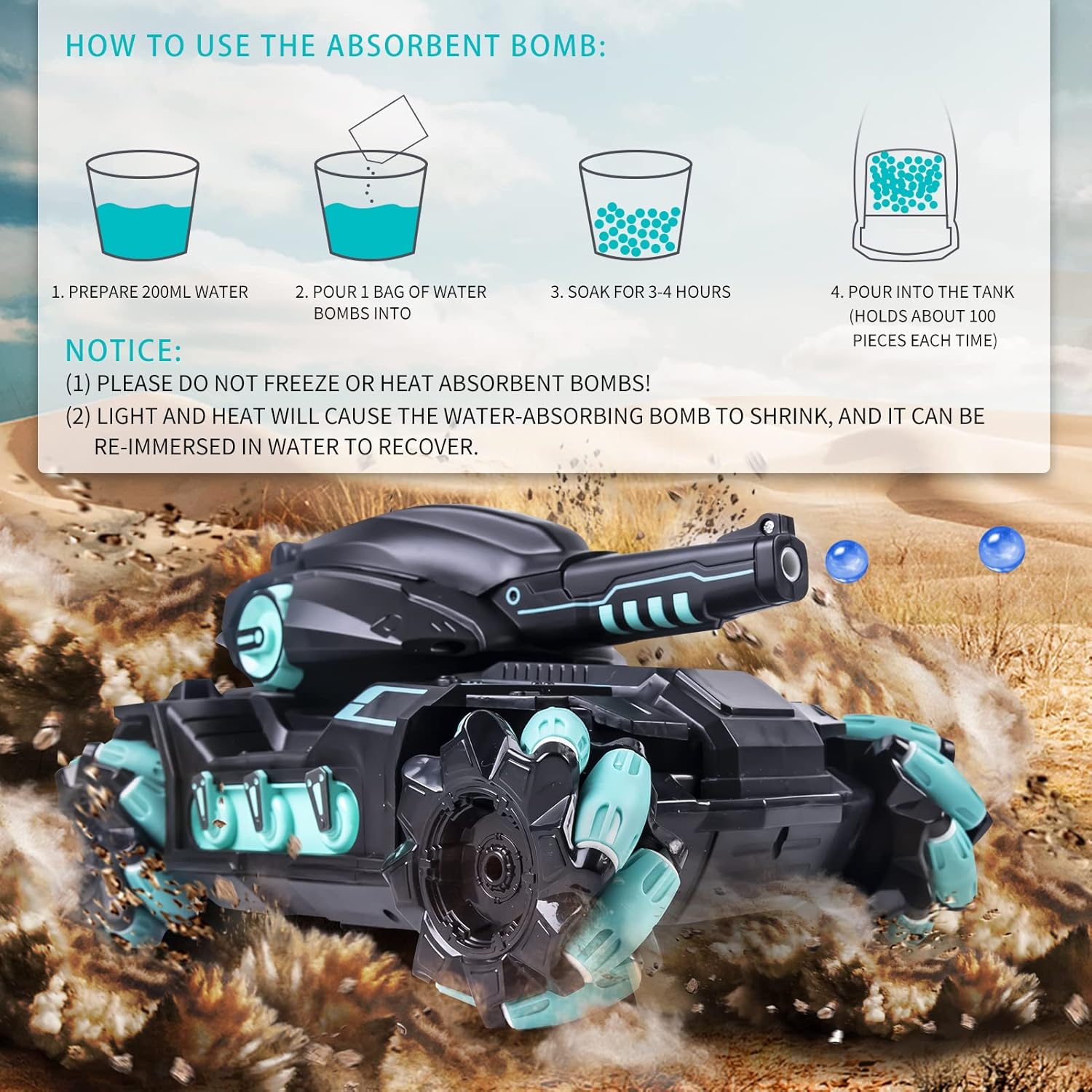 Black and turquoise remote control water bullet tank firing blue water bullets in outdoor terrain