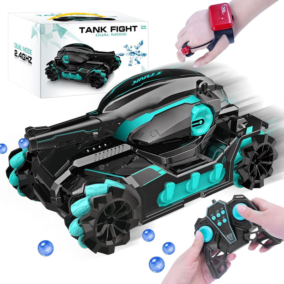 Black and turquoise remote control water bullet tank with handheld remote and wrist controller for kids