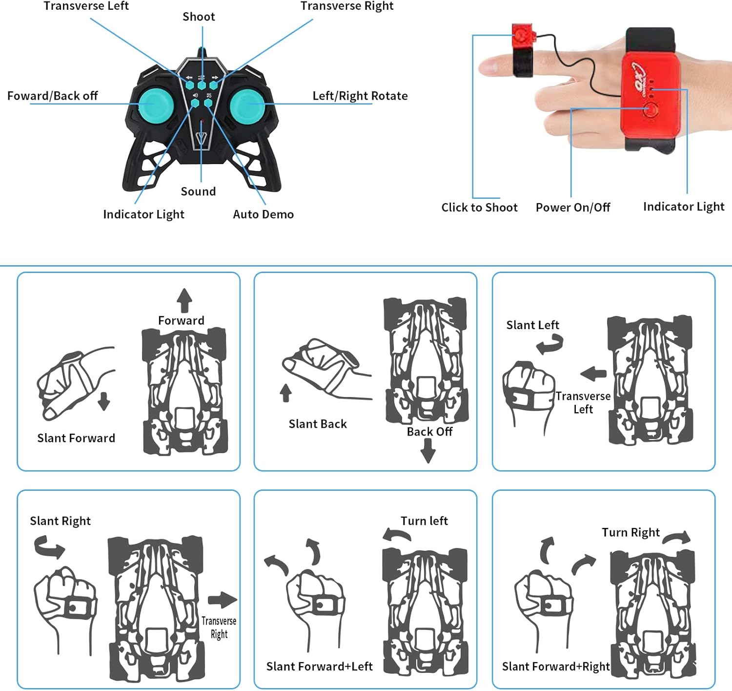 Remote control water bullet tank joystick and finger controller with detailed control instructions for Toy Entertainment