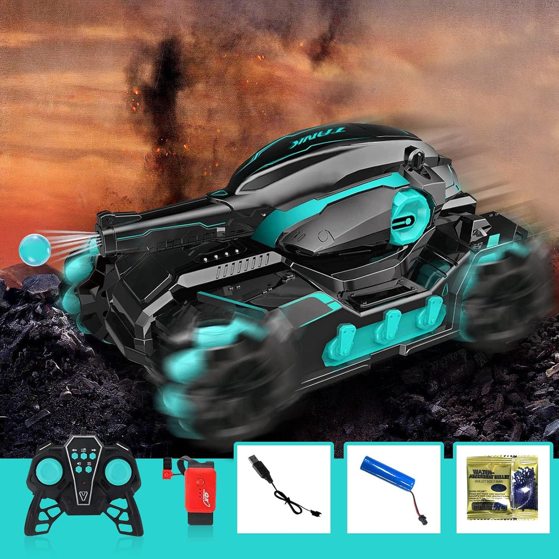 Black and turquoise remote control water bullet tank with handheld remote and wrist controller for kids