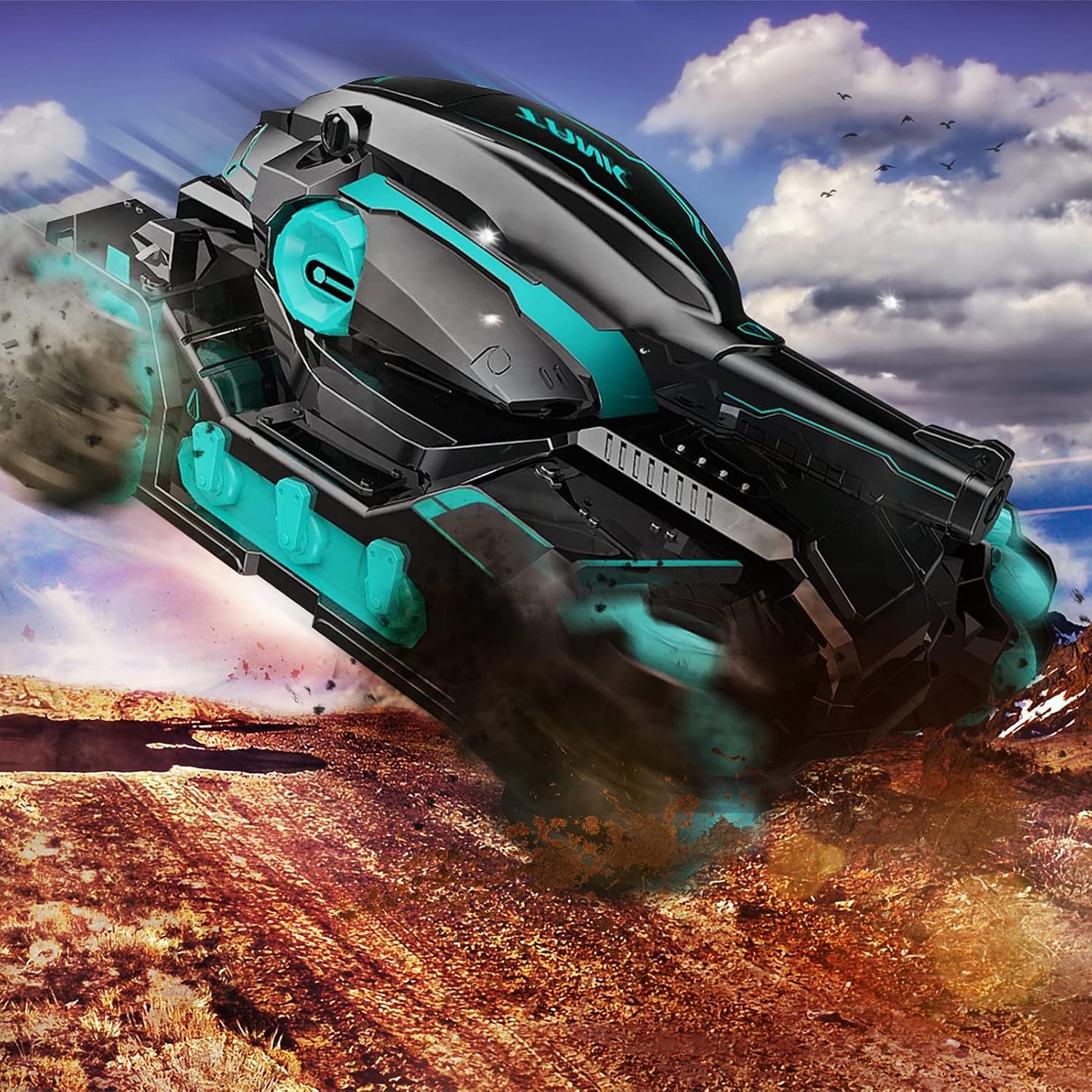 Black and teal remote control water bullet tank toy racing on dirt under cloudy sky