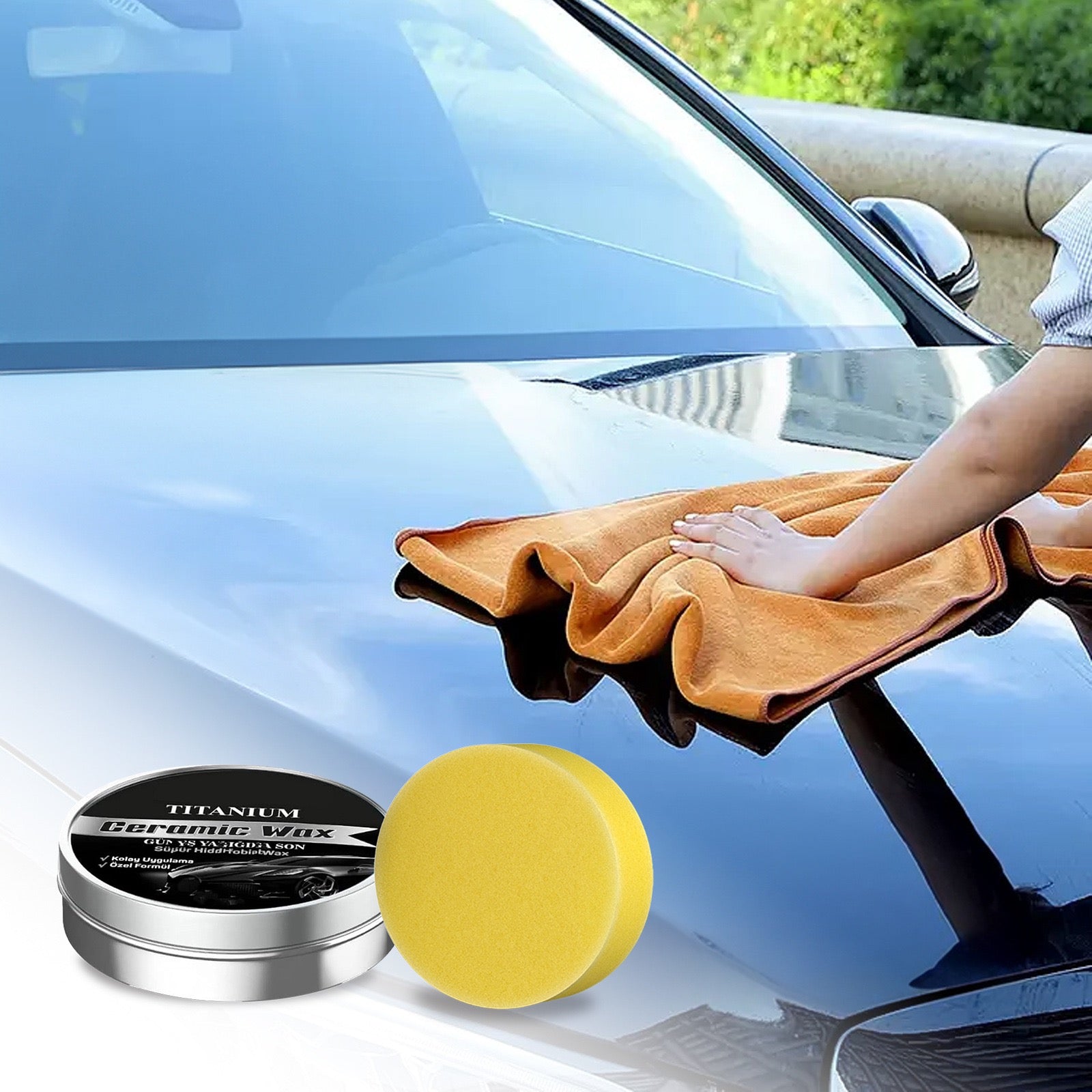 ForKumi nano ceramic car coating with application sponge on shiny black car hood