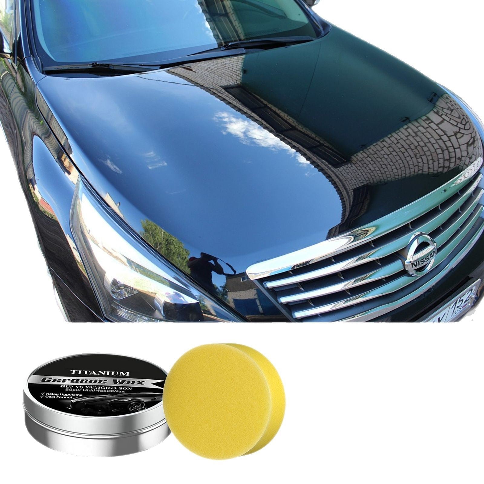 ForKumi nano ceramic car coating kit with yellow applicator pad and shiny black Nissan car hood