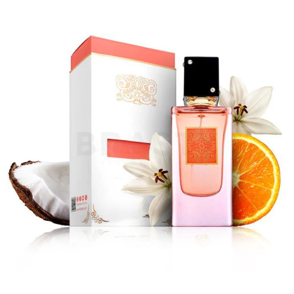 ForKumi tropical vanilla musk perfume bottle with white box, orange slice, coconut, and white flowers