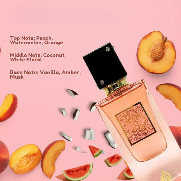 ForKumi tropical vanilla musk perfume bottle surrounded by peach, watermelon, and coconut slices on pink background