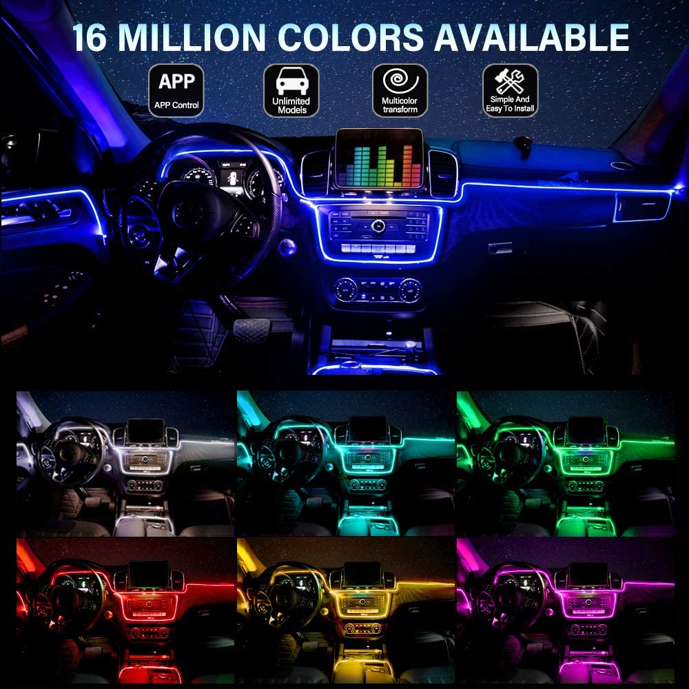 ForKumi 6M RGB car interior LED strip lighting with app control showing multicolor options inside vehicle
