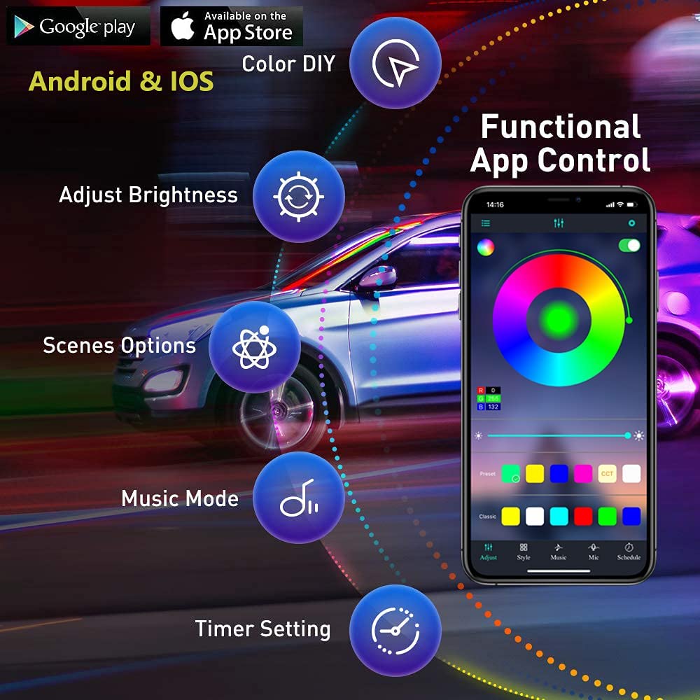 6M RGB car interior LED strip by ForKumi with functional app control for Android and iOS devices