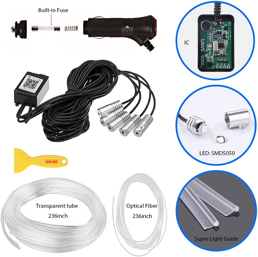 ForKumi 6M RGB car interior LED strip kit with built-in fuse, IC controller, SMD5050 LEDs, optical fiber, and accessories