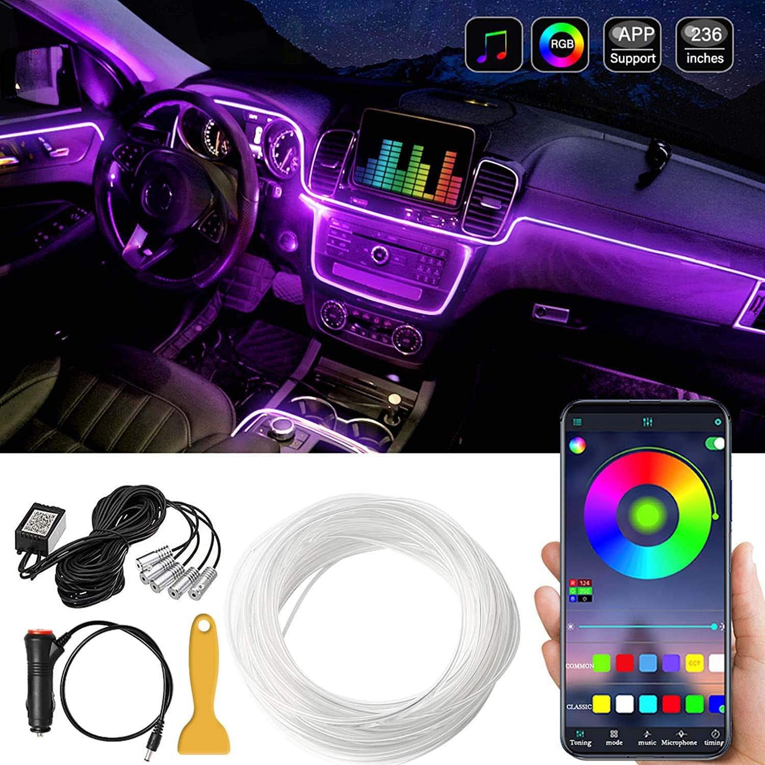6M RGB car interior LED strip by ForKumi installed in car dashboard with smartphone color control app
