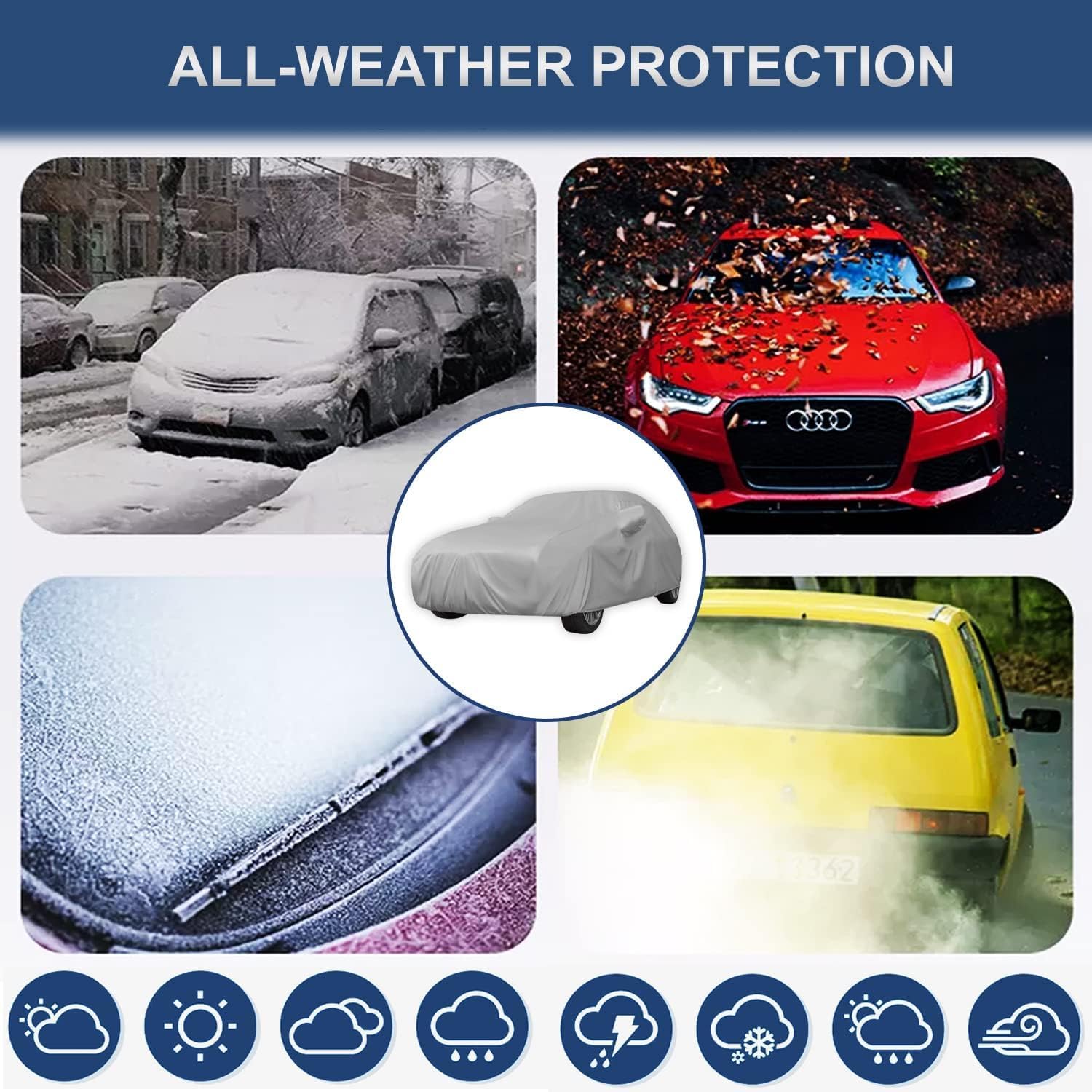 ForKumi universal car cover waterproof protecting vehicles from snow, leaves, frost, and dust in all weather conditions