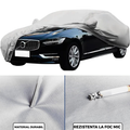 ForKumi universal car cover waterproof partially covering a black sedan with close-ups showing durable and fire-resistant fabric