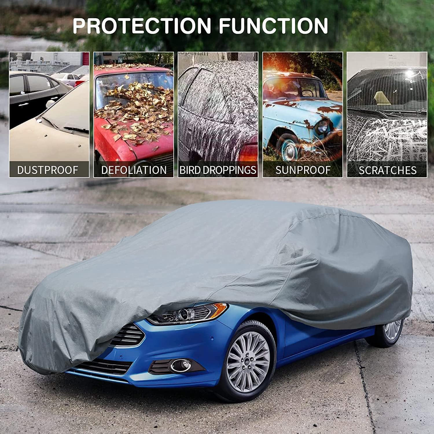 ForKumi universal car cover waterproof protecting blue sedan from dust leaves bird droppings sun and scratches