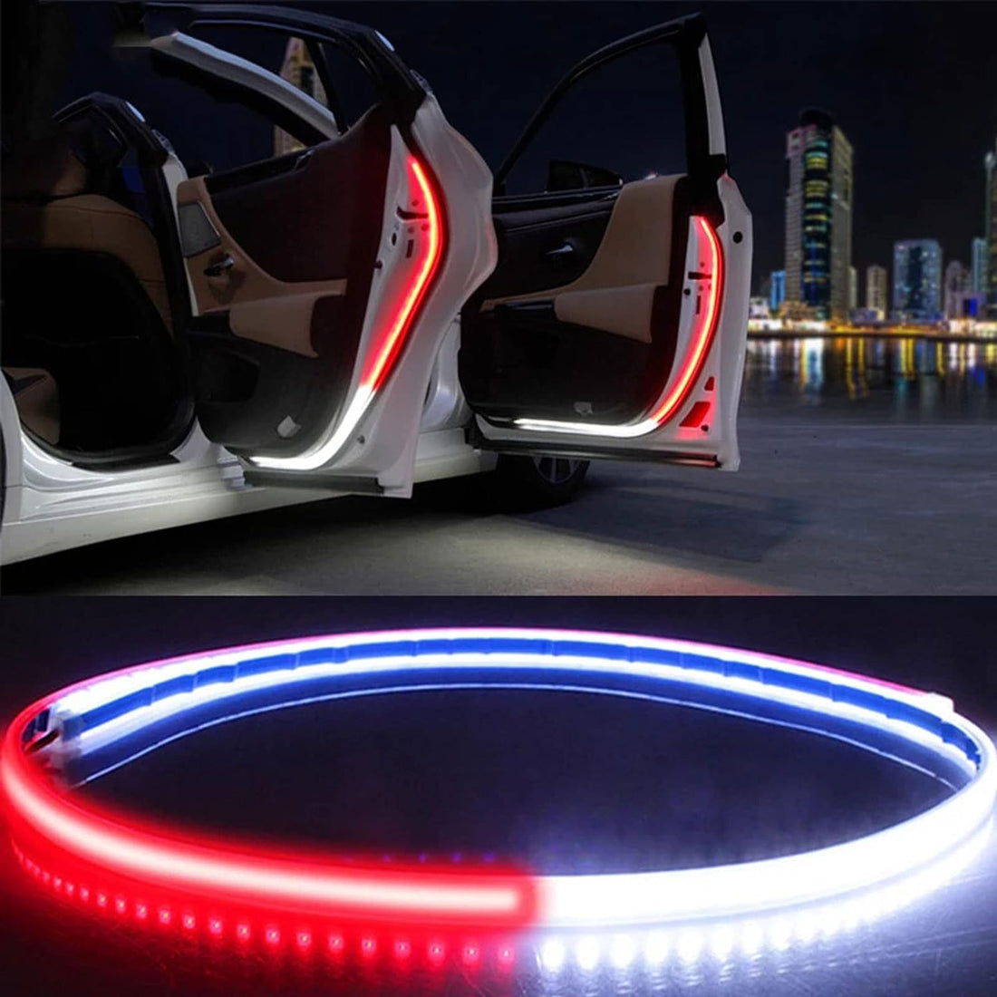 ForKumi car door LED strip lights installed on a black car door lighting up red at night