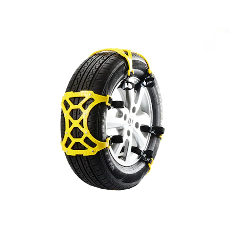 ForKumi universal snow chains for tires installed on car tire with yellow traction panels