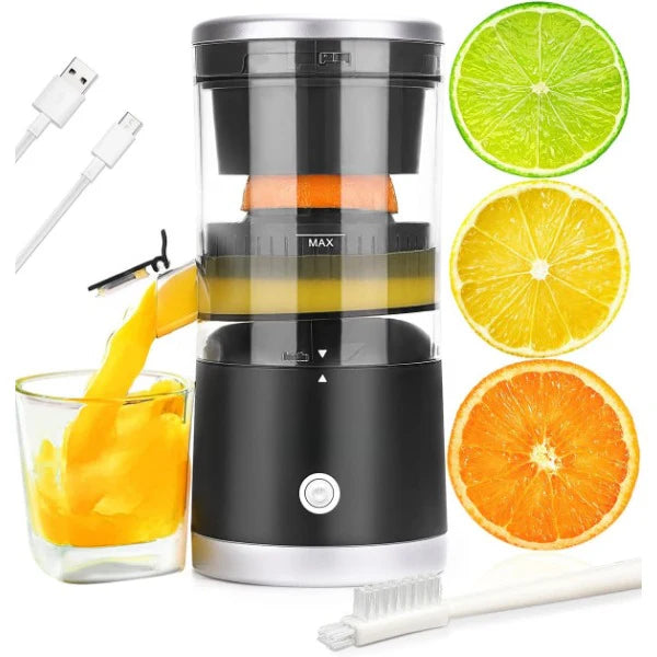 Avis USB-C cordless citrus juicer extracting juice into glass with lime lemon and orange slices