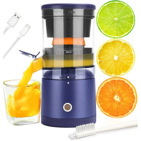 Avis USB-C cordless citrus juicer in navy blue with juice pouring into glass and slices of lime lemon and orange