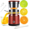 Avis USB-C cordless citrus juicer in red with glass of fresh juice and USB charging cable