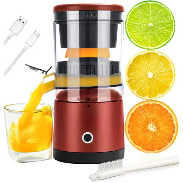 Avis USB-C cordless citrus juicer in red with glass of fresh juice and USB charging cable