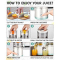 Step-by-step guide using Avis USB-C cordless citrus juicer to cut fruit, press button, and enjoy fresh juice