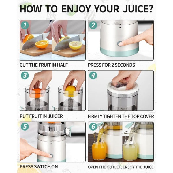 Step-by-step guide using Avis USB-C cordless citrus juicer to cut fruit, press button, and enjoy fresh juice