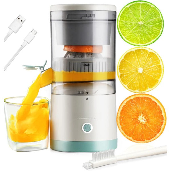 Avis USB-C cordless citrus juicer extracting juice into glass with lime lemon and orange slices