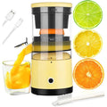 Avis USB-C cordless citrus juicer in yellow with glass, USB-C cable, and cleaning brush