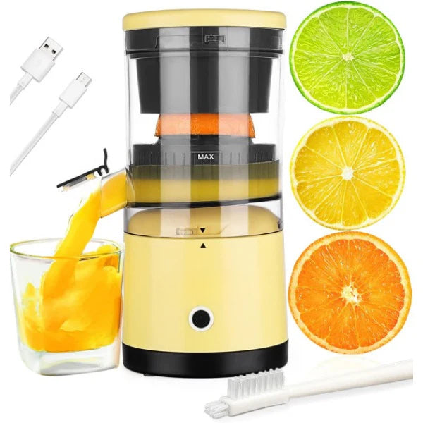 Avis USB-C cordless citrus juicer in yellow with glass, USB-C cable, and cleaning brush