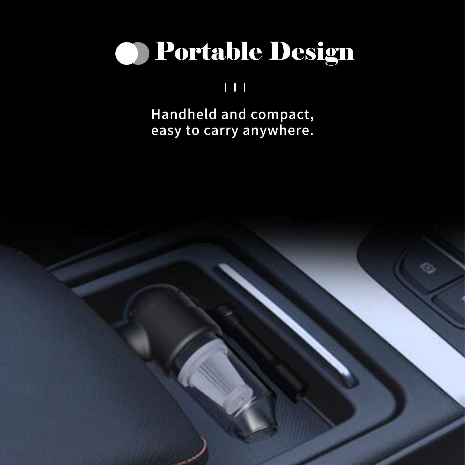 ForKumi portable and handheld USB car vacuum cleaner placed in vehicle center console for easy use